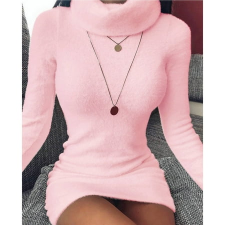 

Juebong Christmas Gifts for Women Sexy Long Sleeve Outwear Sweatshirt Stretch Athletic Tyrtlneck Fitted Waist A-Shaped Plush Mini Dress Pink L