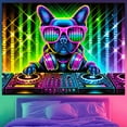 thumbnail image 3 of 1 piece, black light ultraviolet reaction tapestry, 2D Flat personalized DJ French Bulldog pattern design, wall art hanging flag, a tapestry that gels in the dark background, suitable for bedroom/liv, 3 of 10