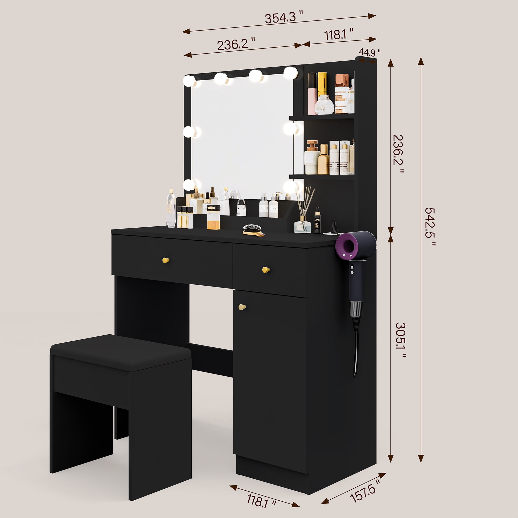 Vanity Desk with Mirror and Lights, Makeup Desk with Power Outlet Drawers Cabinet Stool, Vanity Table 3 Color Modes Adjustable Brightness Dressing Table Set for Bedroom
