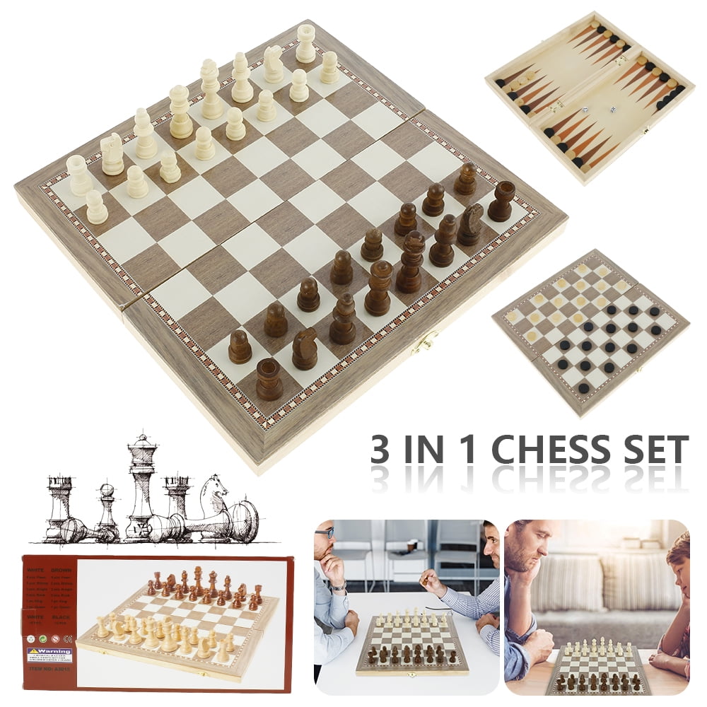UK Folding Wooden Chess Set Boards Game Checkers Backgammon Draughts Toy Kids 