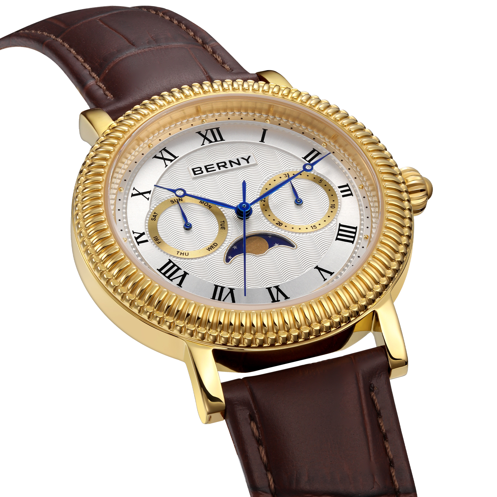 BERNY Mens Leather Watch, Vintage Roman Numerals Moon Phase Dress Watch with Day & Date, Stainless Steel, Sapphire Crystal, Waterproof, Fashion Luxury Analog Quartz Wrist Watches for Men (Gold)