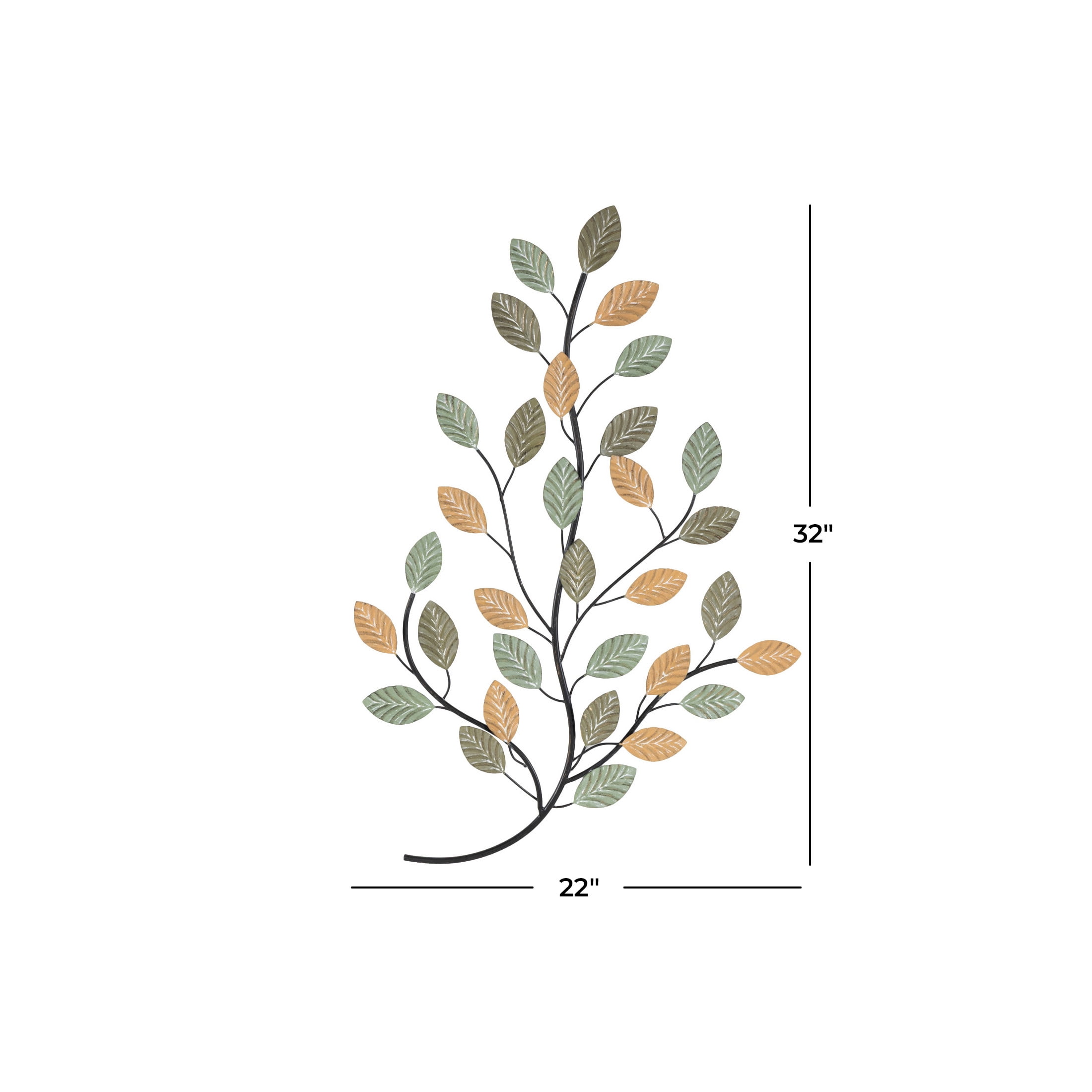 DecMode Green Metal Leaf Wall Decor with Black Stems