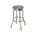thumbnail image 1 of The Furniture King Bar Stool 29" Tall Backless Chrome Metal Stool Featuring Your Favorite Football Team Logo on a Colored Vinyl Swivel Seat Cushion Broncos on Grey, 1 of 1