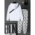 thumbnail image 4 of Mikrdoo Big Boys Fall Winter Outfits Letter Print Casual Pullover Hoodies Fashion Full Print Pants With A Satchel 3Pcs Clothes Set (7-15Y,White), 4 of 9