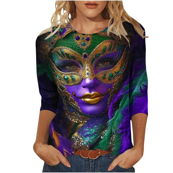 Mardi Gras Outfit for Women,Work Tops for Women Office Women Shirts Graphic Tees Womens Summer Blouses 2026 3/4 Sleeve Shirts for Women Office