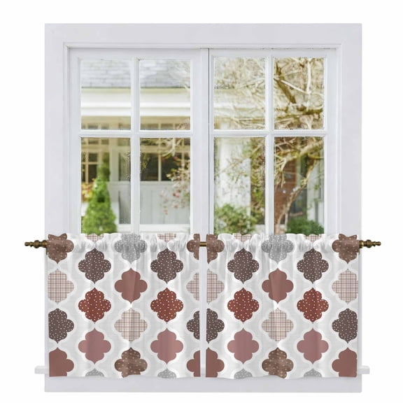 Moroccan Geometric Tier Curtains 24 Inch Length, Vintage Boho Rhombic Pattern Red Gray Cafe Short Curtains for Bathroom Over Sink, Small Kitchen Curtain Light Filtering Drapes 2 Panels 27.5"Wx24"L