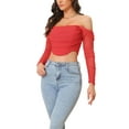 thumbnail image 4 of INSPIRE CHIC Mesh Sheer Long Sleeve Corset Crop Top for Women Ruched Off Shoulder Blouse Push Up Party Boned Bustier M Red, 4 of 6