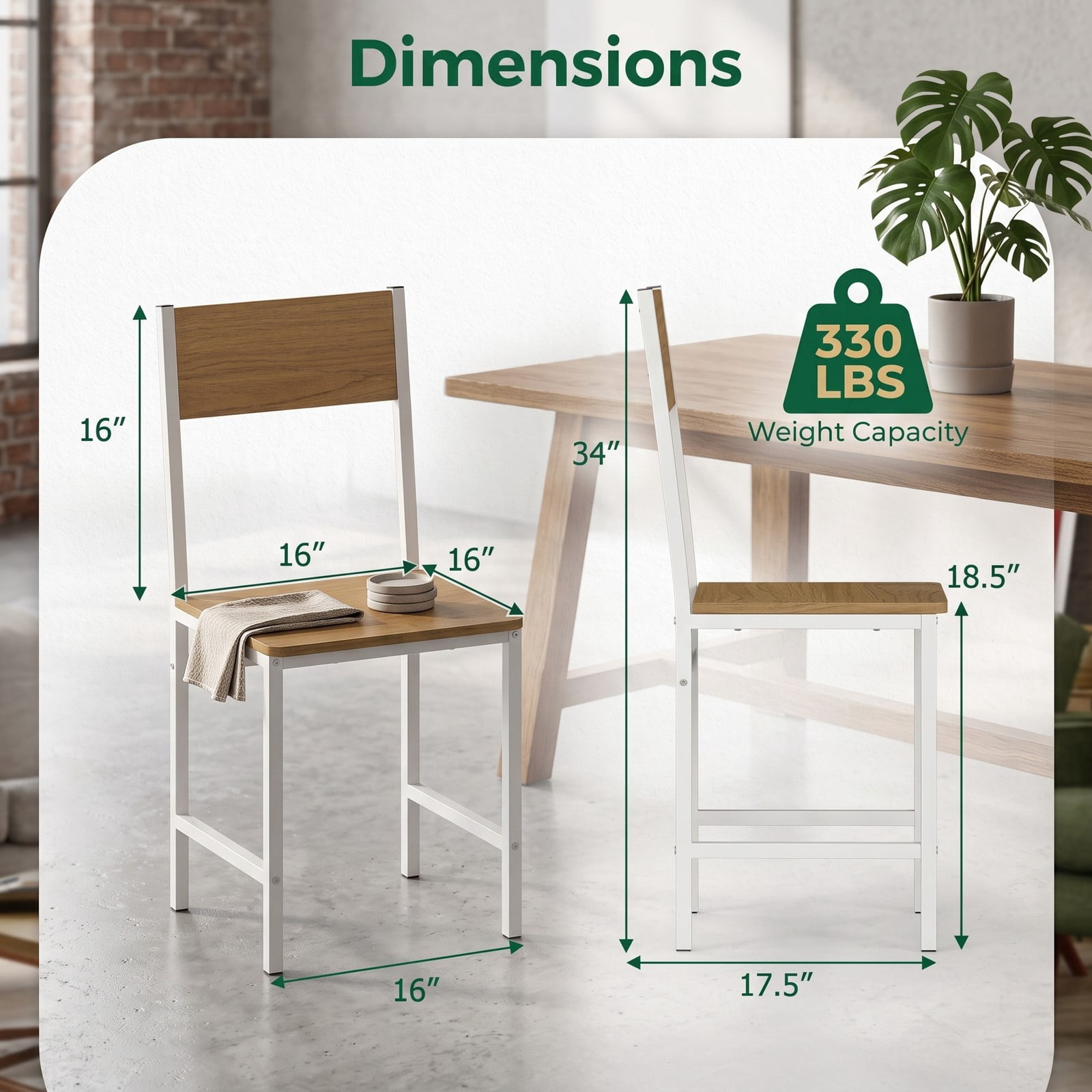 Furnibear Set of 4 Dining Chairs with Metal Legs and Slanted Back, Wood Grain Kitchen Side Chairs, Armless Dining Room Chairs with 300 lbs Capacity for Home, Natural