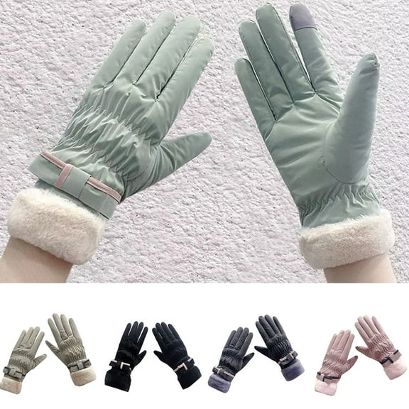D-GROEE 1 Pair Womens Winter Warm Touchscreen Gloves Thermal Soft Coral Fleece Lining Bow Decoration Cuff Glove for Autumn Winter