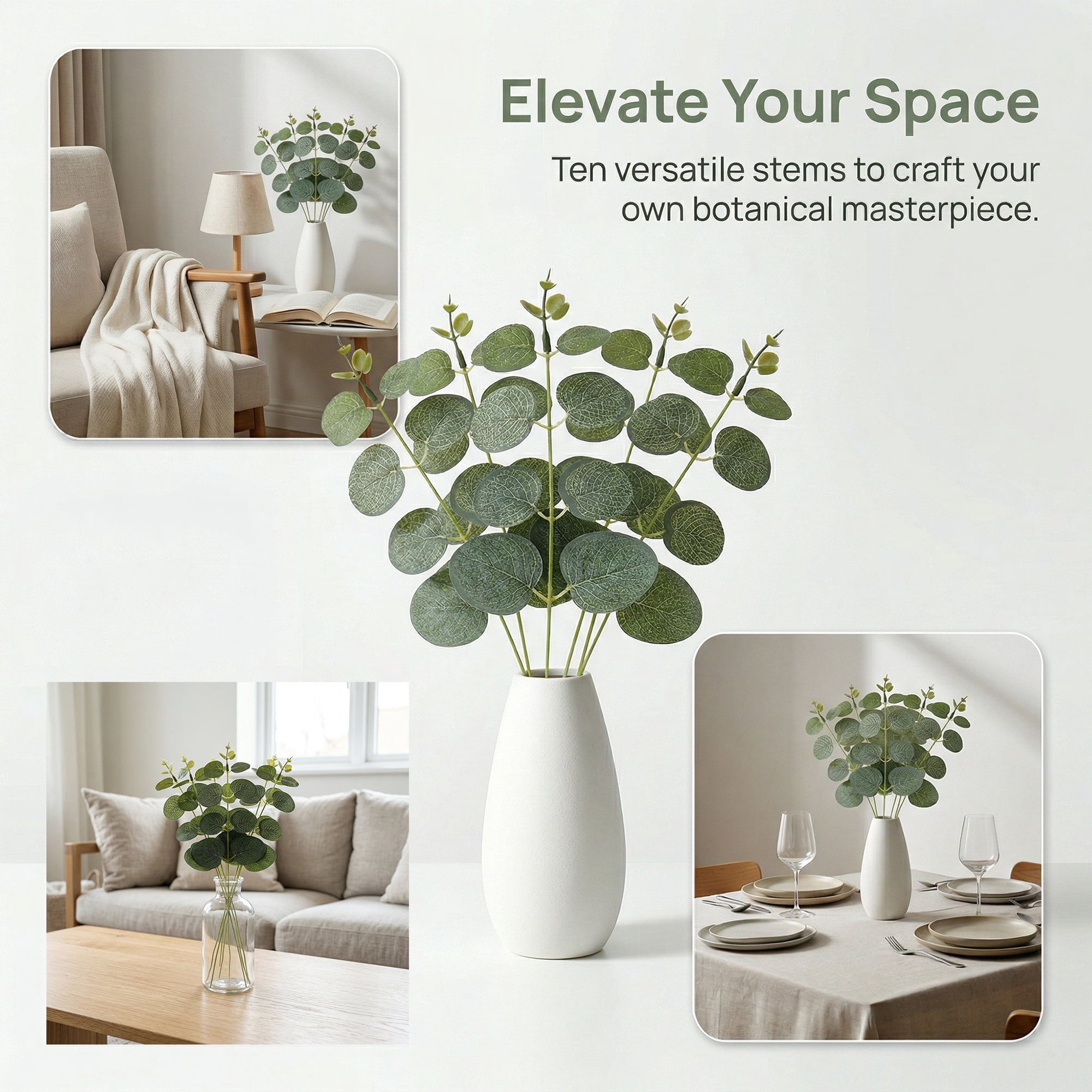 Unique Bargains 10Pcs Realistic Artificial Eucalyptus Stems Faux Greenery Greenhead 12in