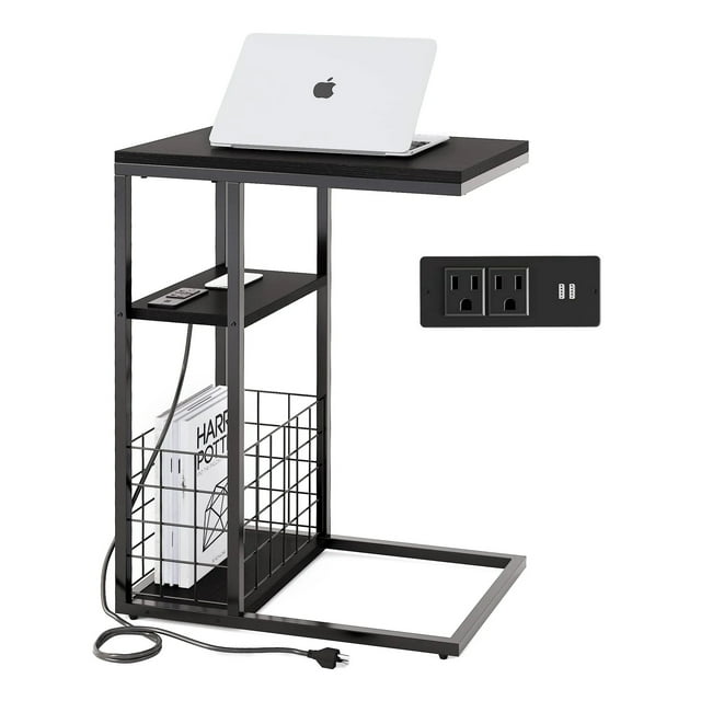 Toytexx Table d'Appoint en Forme de C avec Prise de Courant, Support Latéral Réglable sous le Sofa pour Salon (Noir)