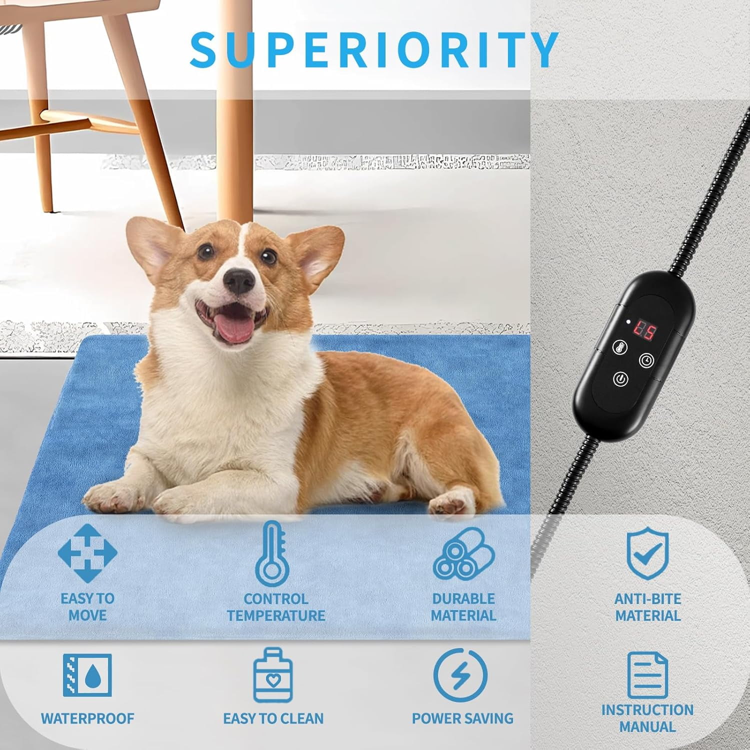 Pet Heating Pad for Cats Dogs Indoor Outdoor   Heated Pads Mat with Stainless  Resistant Cord 5 Timer and 6 Level Temperature Warming Pad Bed Warmer-17.7x17.7