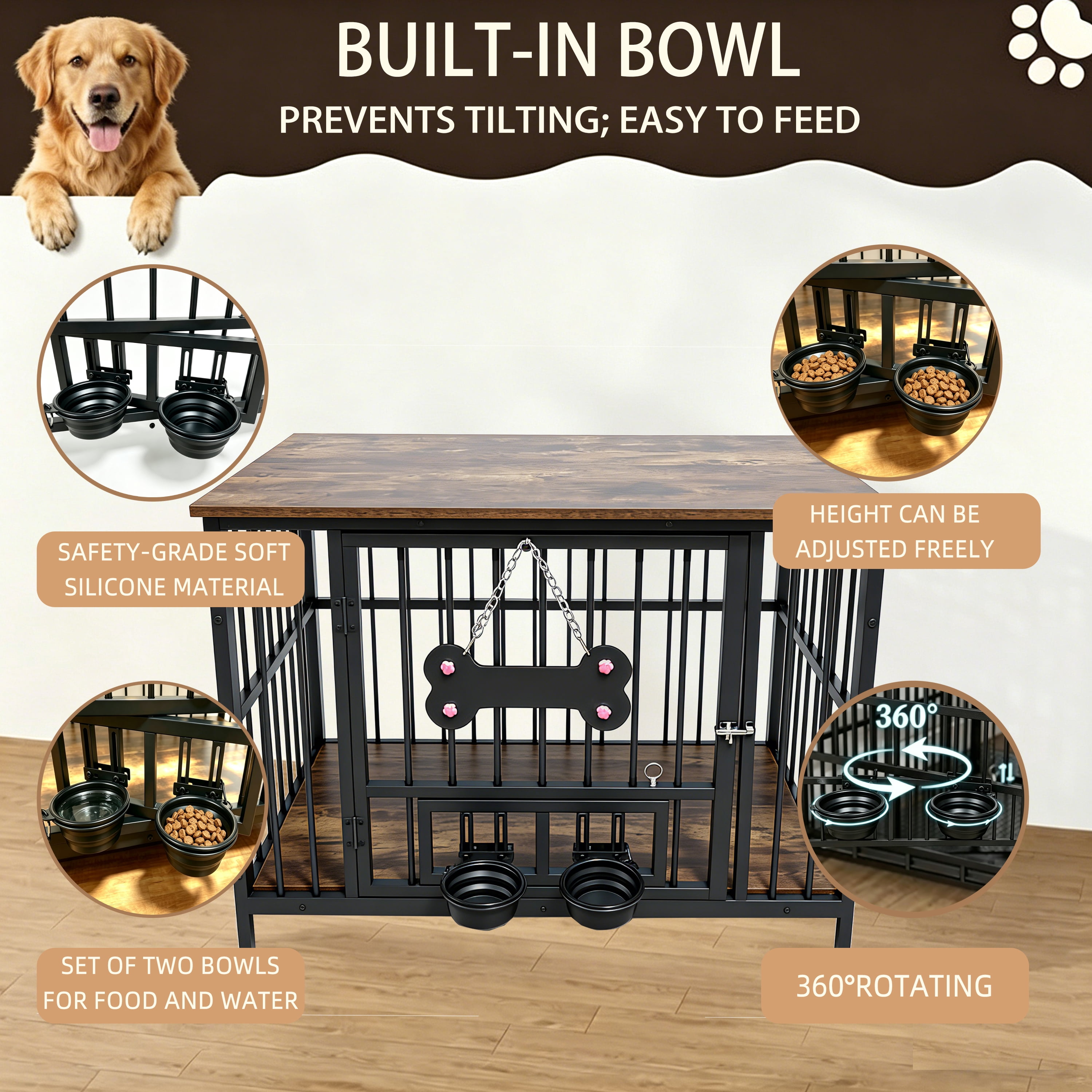 Dog Cage Edge, 360 Degree Rotating Bowl, Vintage Wood Grain