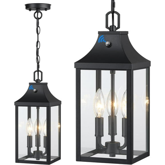 MY.Large Outdoor Pendant Light Fixtures 3-Light, 15'' Dusk to Dawn Exterior Hanging Lantern Porch Light Adjustable, Black Hanging Lamp Farmhouse Exterior Chandelier Ceiling Mount for Entrance Patio