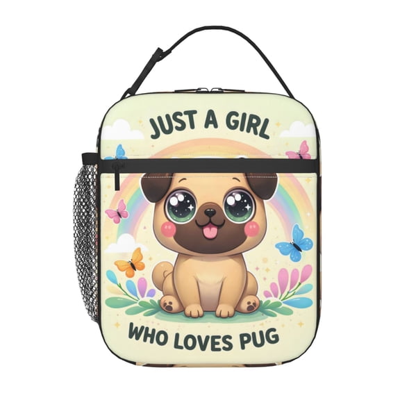 Cute Pug Cartoon Puppy Pattern Animal Lunch Bag Portable Thermal Lunch Box for Men and Women