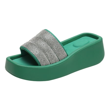 OJSFQUFP Sandals for Women Summer New Fashionable Beach Shoes Slotted Heels Water Diamond Square Head Matsuke Thick Sole Slippers Womens Slides Green 41