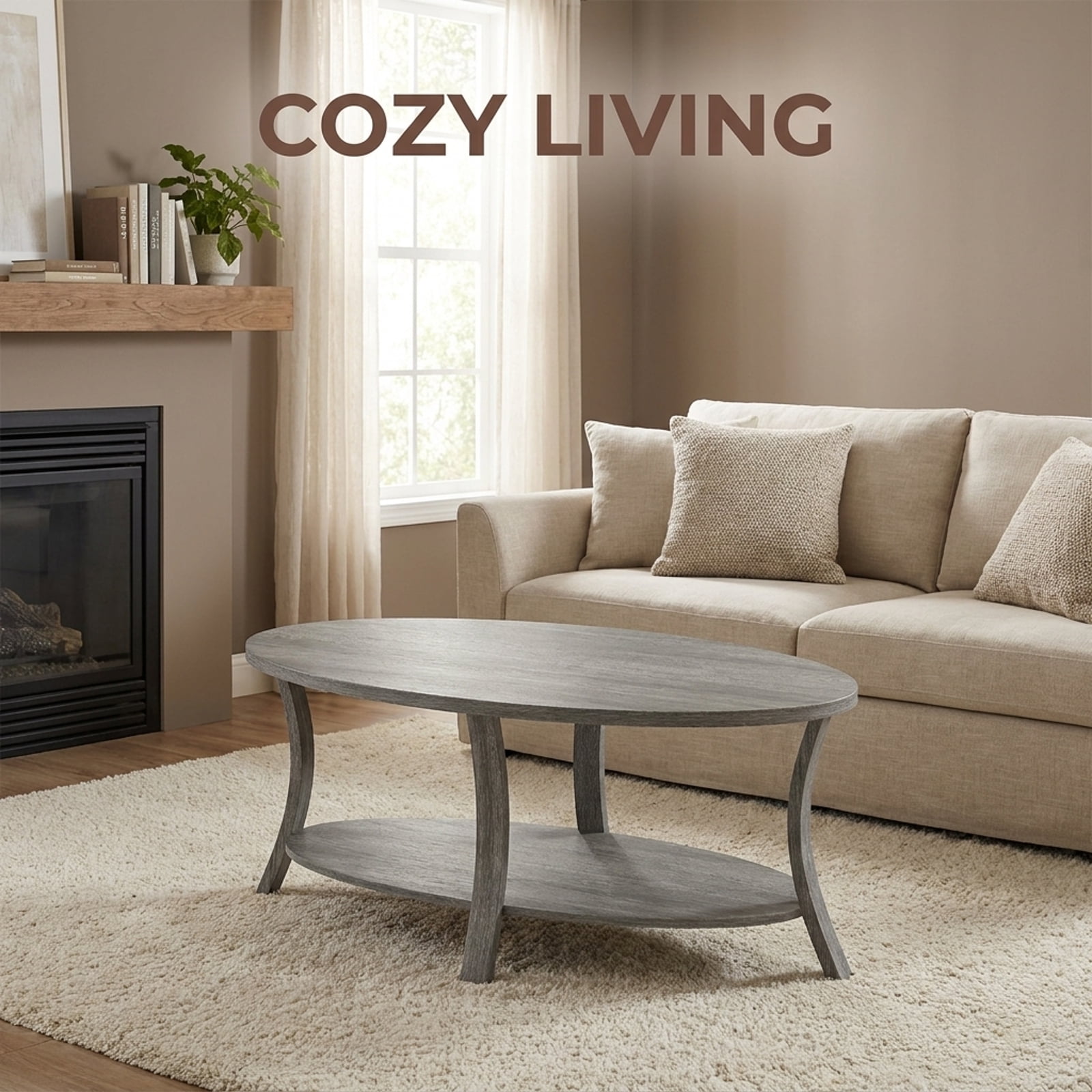 Furnibear Oval Coffee Table 2-Tier Center Table with Storage Shelf - Gray - Living Room Cocktail Center Table