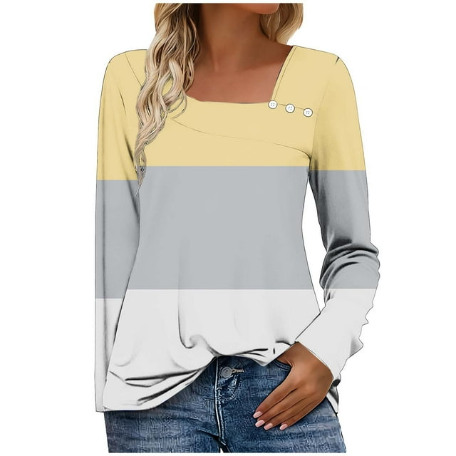 HAiming Blouse à Manches Longues Décontractée pour Femmes Grande Taille, Col Carré, Boutons, Printemps Automne
