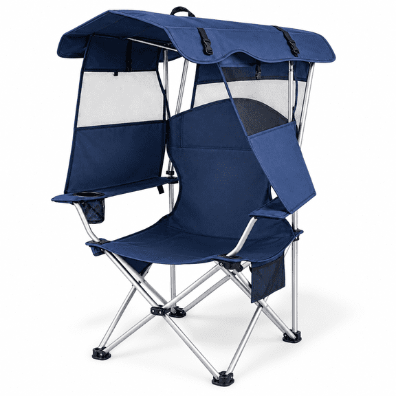 Outdoor Folding Lawn Chair with Detachable Sun Canopy, Portable Heavy-Duty Foldable Chair for Beach, Fishing, Tailgate, Camping & Outdoor Events