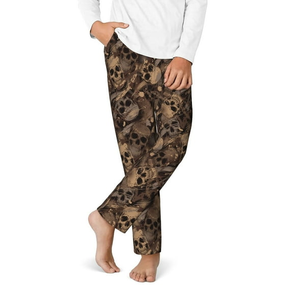 Gukieu Brown Camouflage Skull Print Youth Home Trousers, Elastic Waistband with Pockets for Home and Outing, Suitable for Children Aged 5-16-XS(5-6)