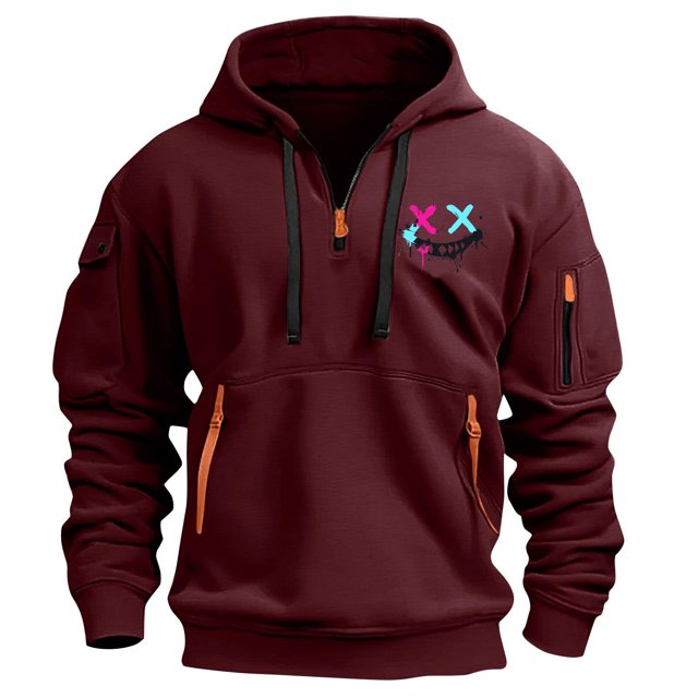Styesk Sweatshirts for Men Men's Spring And Fall Printed Hooded Sweatshirt Zipper Multi-Pocket Pullover Sweatshirt