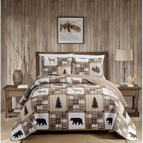 Rustic Modern Farmhouse Cabin Lodge Quilted Bedspread Coverlet Bedding Set with Patchwork of Wildlife Grizzly Bears Deer Buck and Plaid Check Patterns in Taupe Brown - Western-1 (Twin/Twin Extra Long)