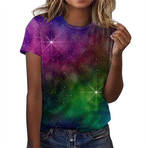 Xinsrenus Women's T-Shirt Gradient Print Round Neck Short Sleeve Loose Casual Summer Top, XXL