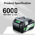 thumbnail image 2 of BSL36B18 6.0Ah Lithium-Ion Replacement for Metabo 18V/36V Batteries Compatible with Metabo BSL36A18 371751M 372121M Slide-Style MAX Cordless Battery, 2 of 7