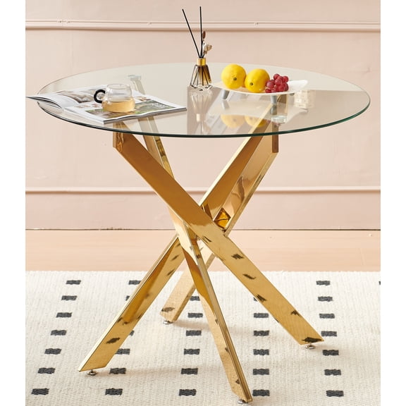 Youmumeub Modern Square Dining Table, 35.4" Glass Top Kitchen Table with Golden Cross Metal Legs, Tempered Glass & Metal Table for Living Room, Golden
