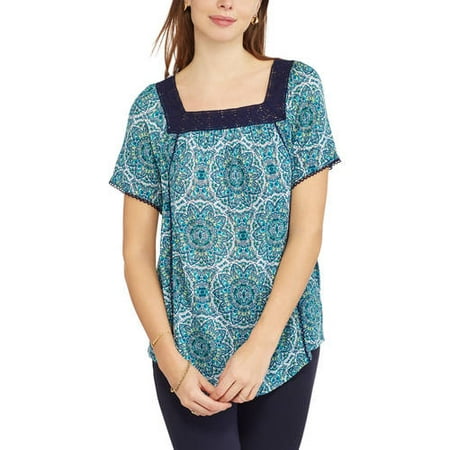 Women's Short-Sleeve Square Neck All-Over Print Peasant Top With Embroidery