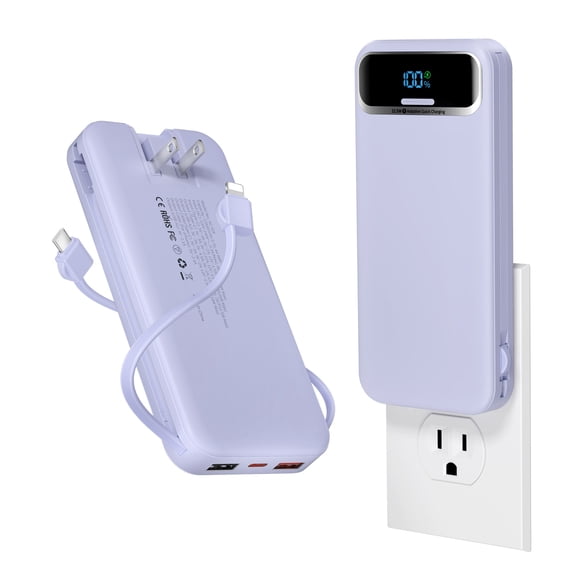 12000mAh Portable Charger Power Bank with Wall Plug, USB-C Fast Charging, Built-in Cables, Digital Display, 5 Outputs for iPhone Android(Purple)