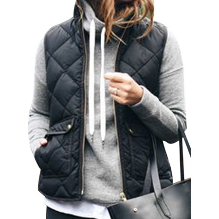 Shuttle tree Women's Stand Collar Warm Padded Zip Closure Side Pockets Gilet Quilted Puffer Vest