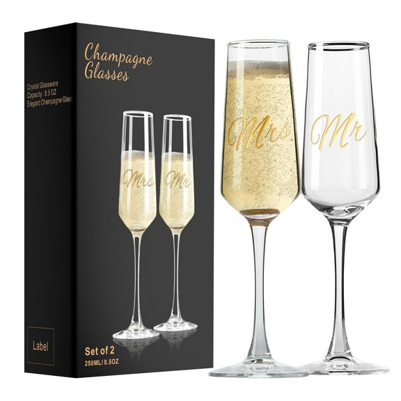 Baalaka Mr and Mrs Wedding Champagne Flutes Set of 2, Bride and Groom Champagne Glasses, Bridal Shower Gifts, Engagement Gift, 8.5oz/250ml