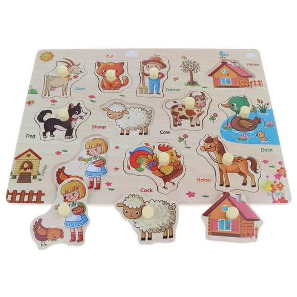 11 Pieces Farm Animals Peg Puzzle, Chunky Wooden Pegged Knob Puzzle, Easy to