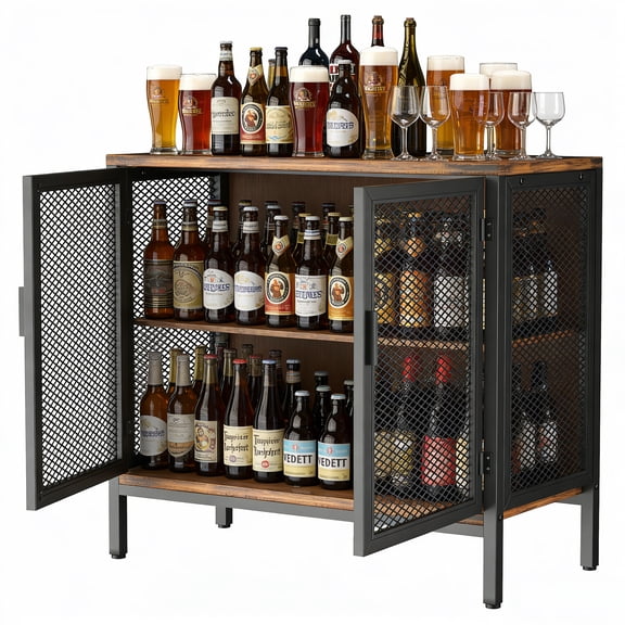 YOHKOH Rustic Brown Accent Storage Cabinet with Mesh Doors, 31.4" Metal Sideboard Buffet Cabinet for Kitchen, Dining Room, Living Room & Entryway
