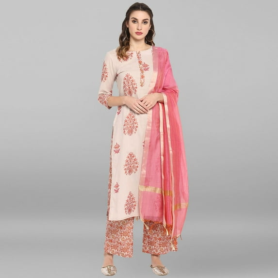 Janasya Indian Round Neck 3/4 Sleeve Hand Print,Gold Print,Foil Print Multicolor Cotton Kurta With Palazzo And Dupatta For Women