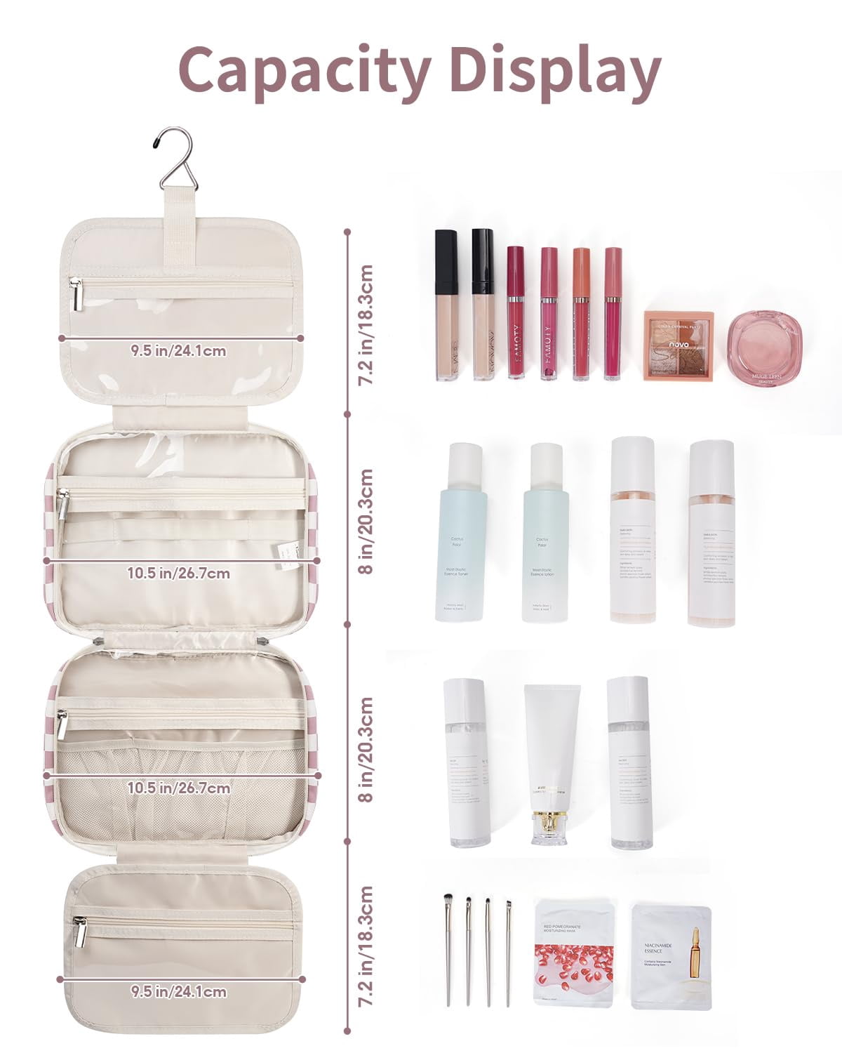 Checkerboard Hanging Travel Toiletry Bag with Hook, Makeup Bags for Women Cosmetic Organizer Toiletries for Brush Shampoo Travel Essentials, Pink