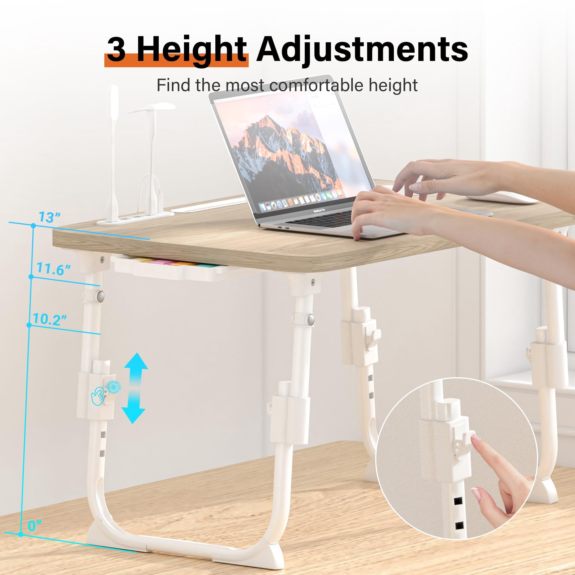 Laptop Desk For Bed Height Adjustable  Lap Table With Usb/storage Drawer/cup Holder/tablet Stand/book Shelf Foldable Breakfast Tray Portable Reading Writing Sofa & Floor Glacier