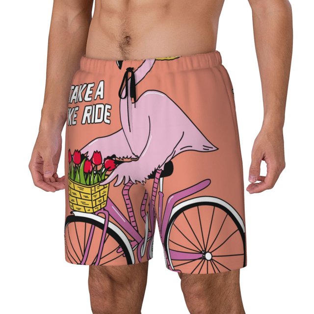 Kdxio Flamingo Riding a Bicycle Print Mens Swim Shorts with Mesh Lining, Breathable and Quick-Drying, Adjustable Waist, Privacy Pocket-X-Large