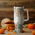 thumbnail image 2 of 40 oz Thanksgiving Tumbler with Handle and Straw, Stainless Steel Insulated Fall Turkey Tumbler 40 oz, Reusable Cup with Leak Proof Lid, Thanksgiving Gifts for Women (off white orange), 2 of 6