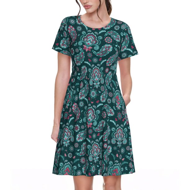 Easygdp Vintage Floral para Vestido Transpirable de Mujer, Vestido Suelto de Manga Corta con Pliegues y Bolsillos para el Verano