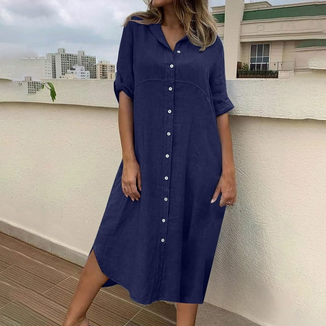 Fankiway Robe Longue à Manches Mi-Longues Col en V avec Boutons pour Femmes, Robes Grande Taille en Solde Robes d'Été pour Femmes Manches Courtes