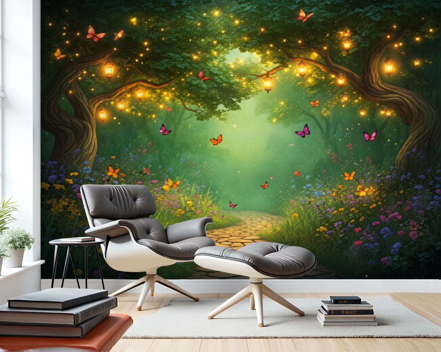 69"x98" Wall Mural Peel and Stick Wallpaper Magical Forest Lanterns Butterflies Wall Decor Self Adhesive Removable Wall Stickers for Bedroom Living Room