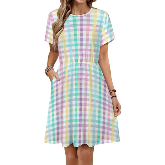Rainbow Plaid Dress Fashion Beach Short Sleeve Dresses Female Party Printed Sundress