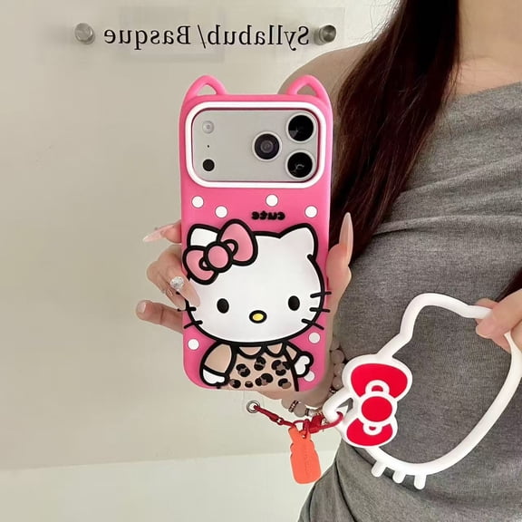 Cute 3D Kitty for iPhone 17 Pro Max Kawaii Cartoon Silicone Protective Cover with Wrist Strap, Shockproof Soft Rubber Case for Kids Girls Women