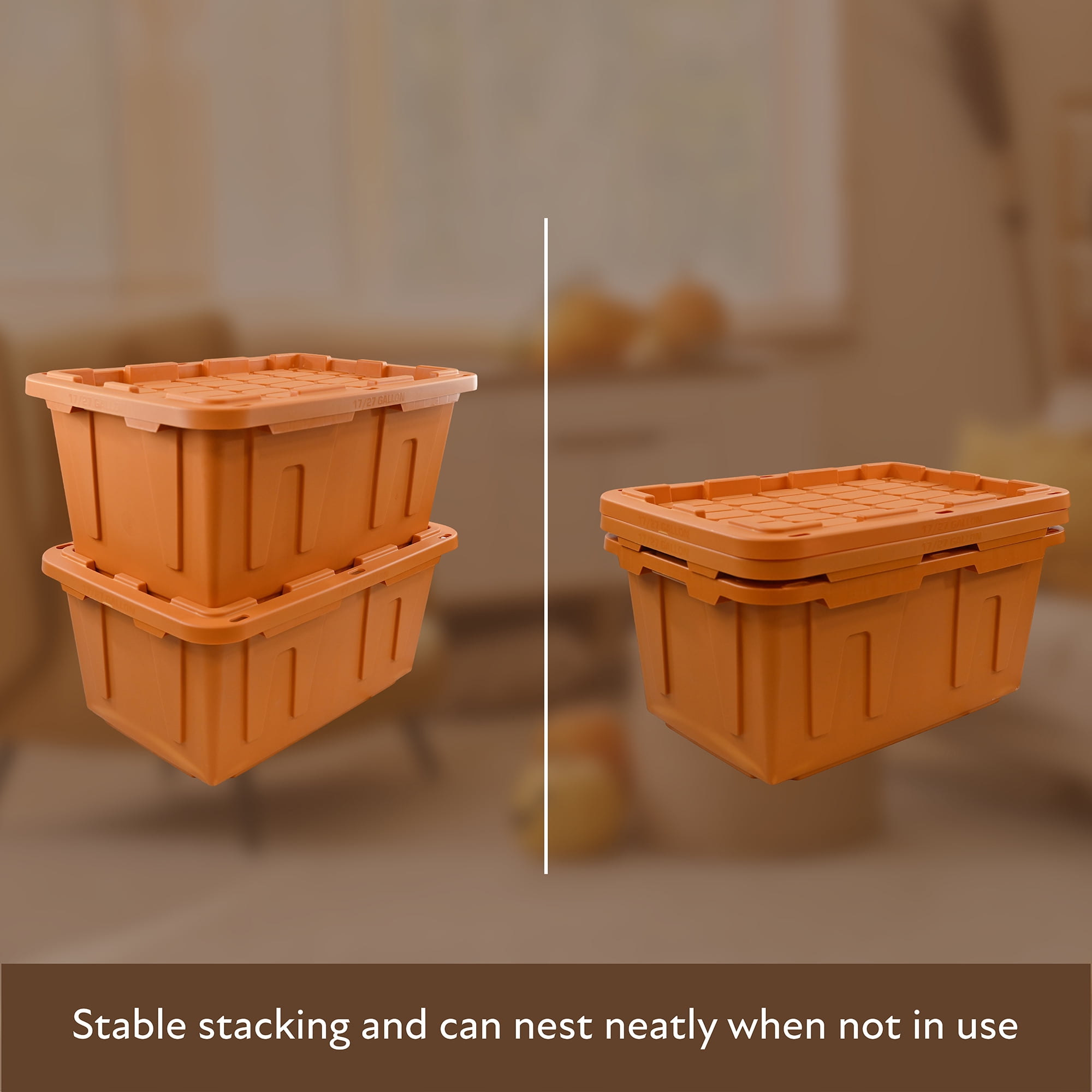 Sort & Style 27 Gallon Large Storage Bin with Snap Lid, Autumn Maple Orange, 4 Pack, Heavy Duty Plastic Storage Container