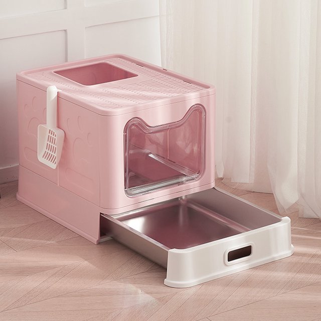 Large Cat Litter Box Enclosure, Drawer Type Cat Litter Tray, Stainless Steel Hooded Litter Box for Cat with Scoop, Odor Control and Privacy, Easy to Clean, Multi Cat Household