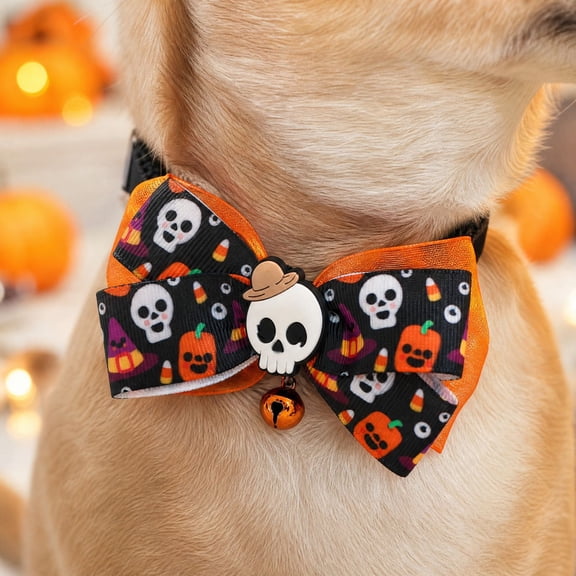 Halloween Dog Collar with Skull Bow Tie and Bell, Adjustable, for Small Dogs and Cats, Pet Accessory