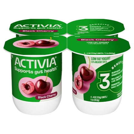Activia Black Cherry Low Fat Probiotic Yogurt Cups, Helps Support Gut Health, 4 oz, 4 Count
