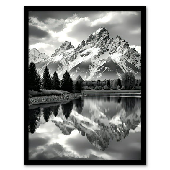 Grand Teton Reflected in Snake River Black and White Art Print Framed Poster Wall Decor 12x16 inch